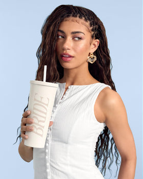 xo-fetti Bride Tumbler ivory straw included for easy on the go refreshment.