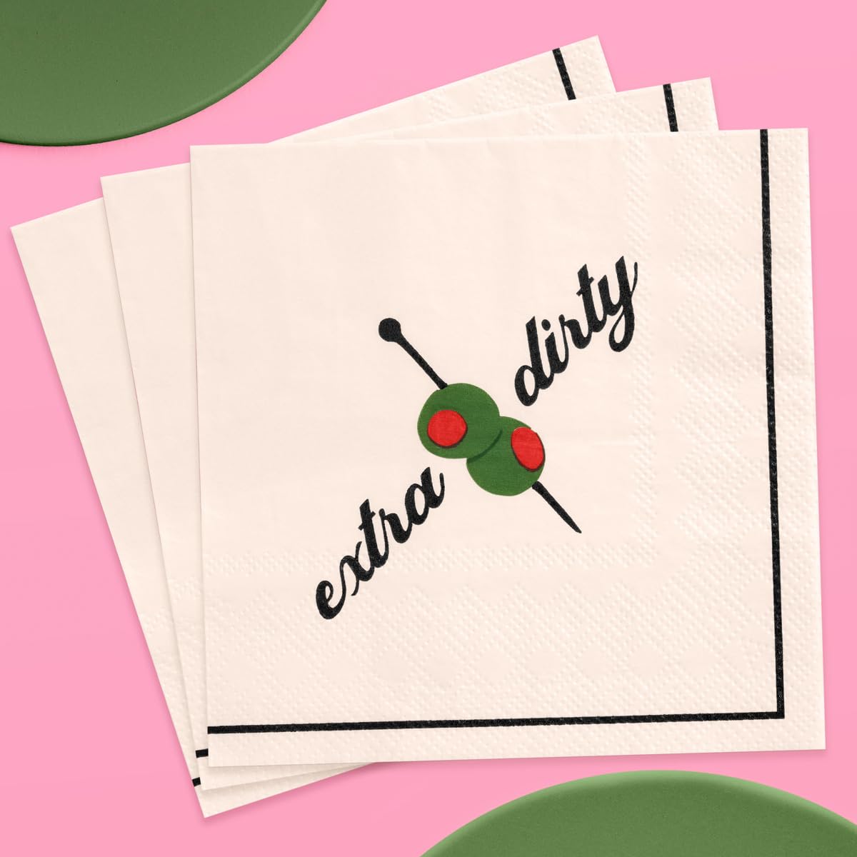 xo Fetti Martini Napkins with olive art top view for chic cocktail photo ops