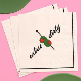 xo Fetti Martini Napkins with olive art top view for chic cocktail photo ops