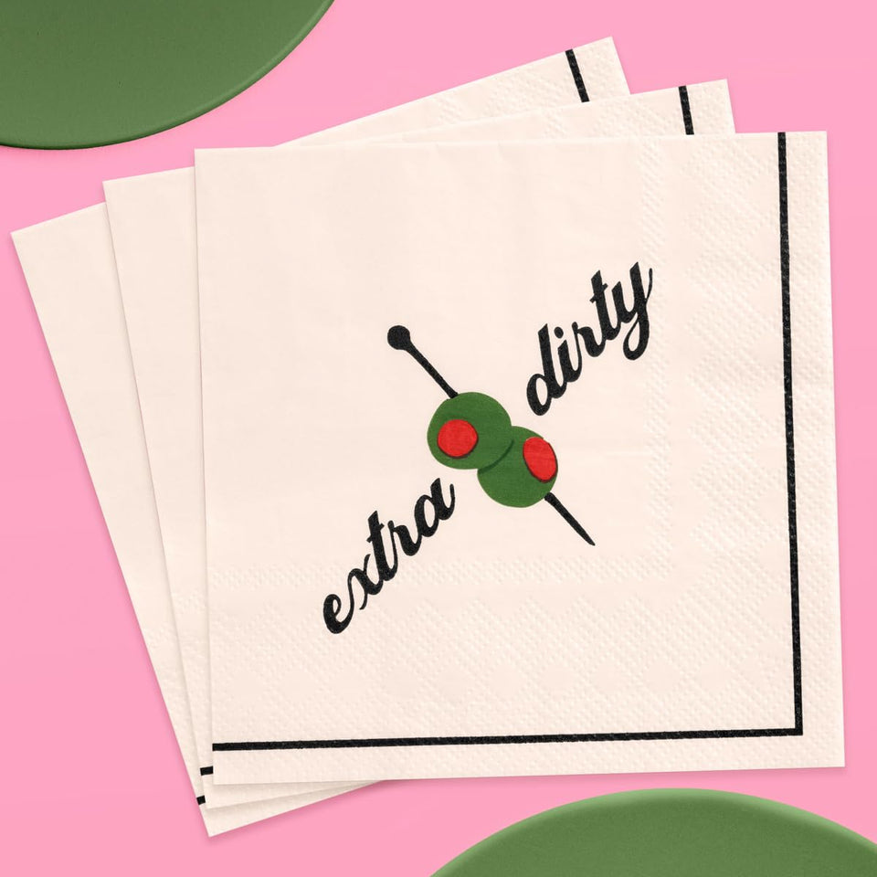 xo Fetti Martini Napkins with olive art top view for chic cocktail photo ops