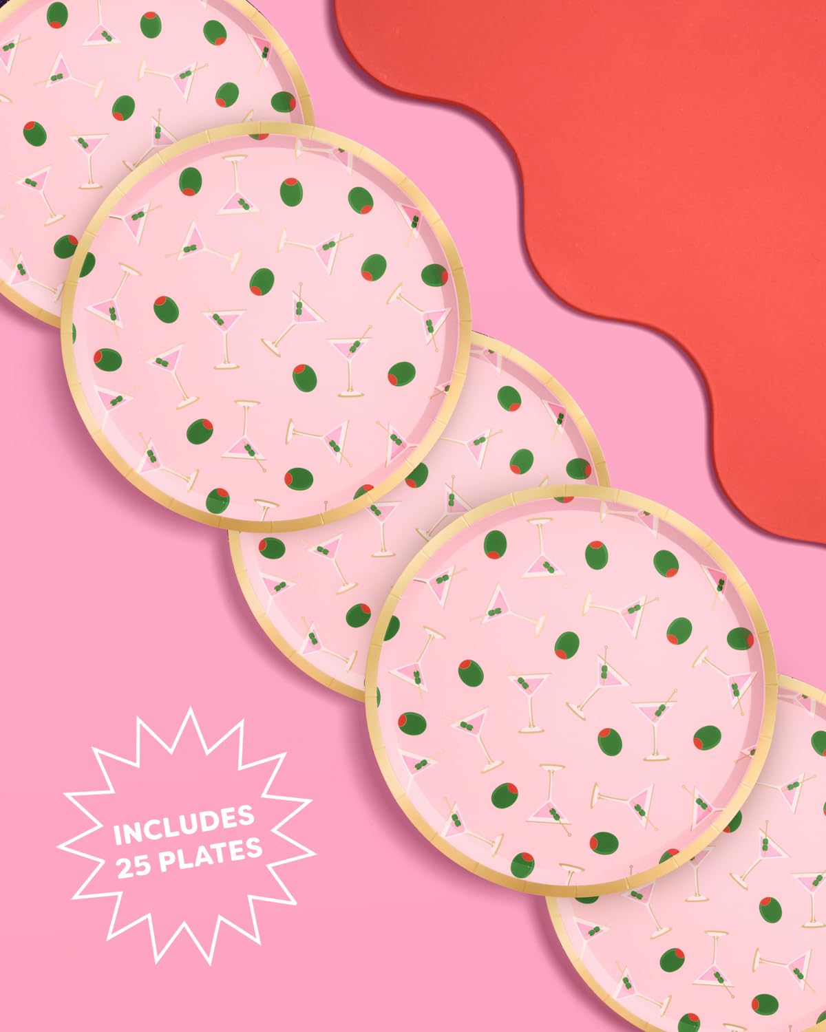 xo Fetti martini olive pattern plates close-up for celebrations