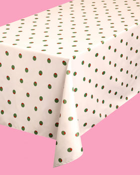 xo, Fetti olive tablecloth is lightweight for quick decorating and cleanup