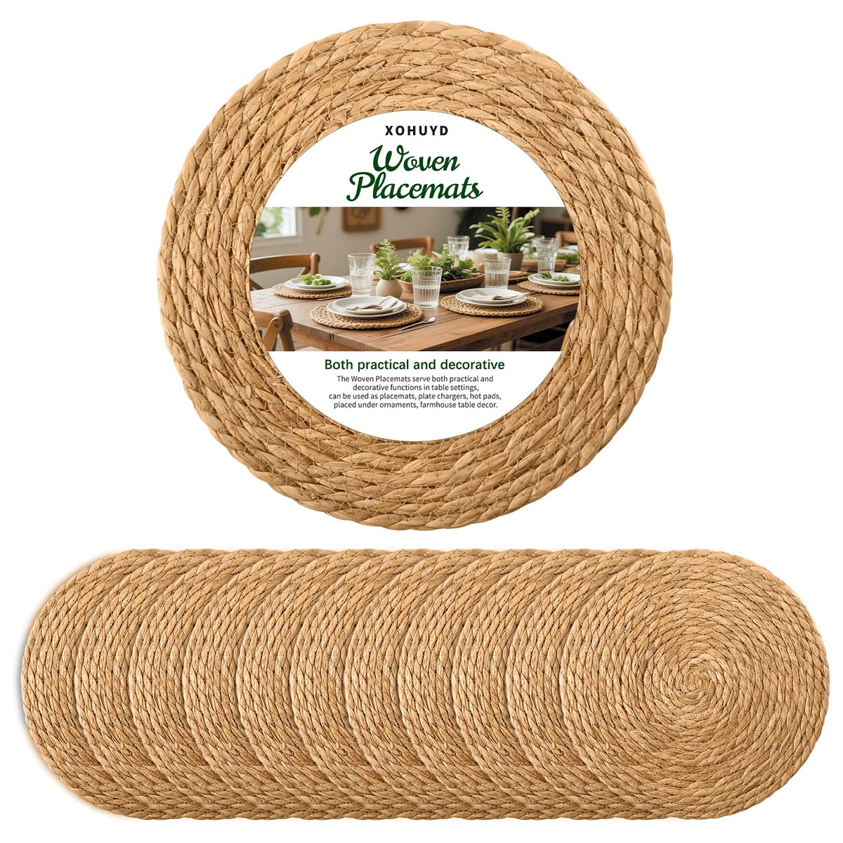 XOHUYD 13-inch round woven placemat shows natural rush texture and protects the table