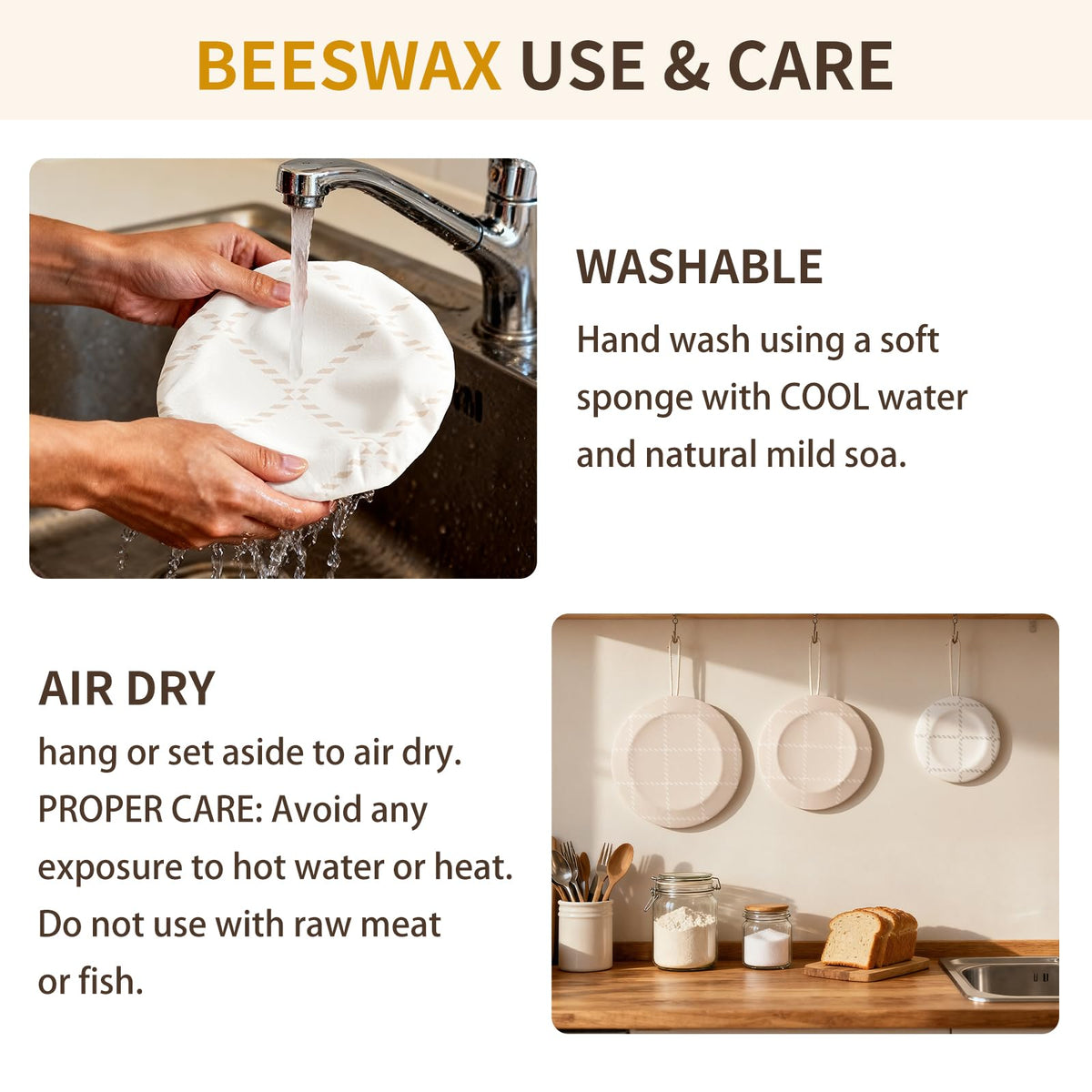XOHUYD beeswax bowl covers being washed and air-dried for reuse.