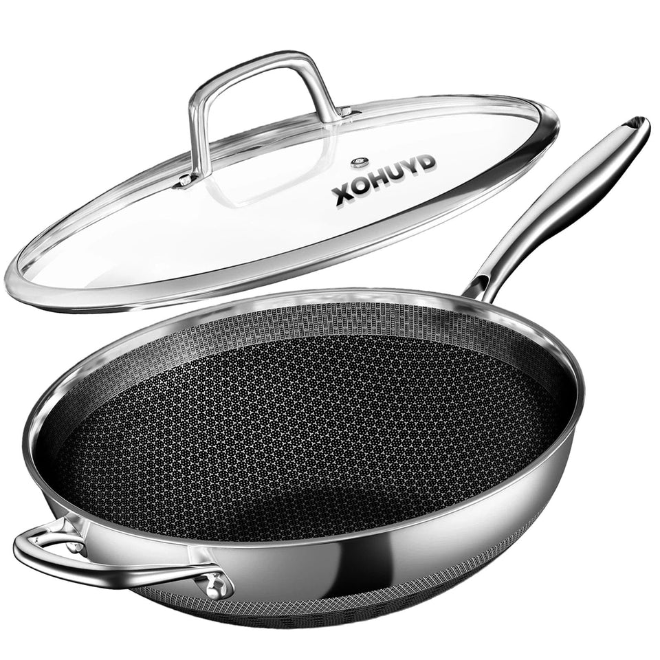 XOHUYD 12.5-inch wok pan top view for quick, even heating stir-fries.