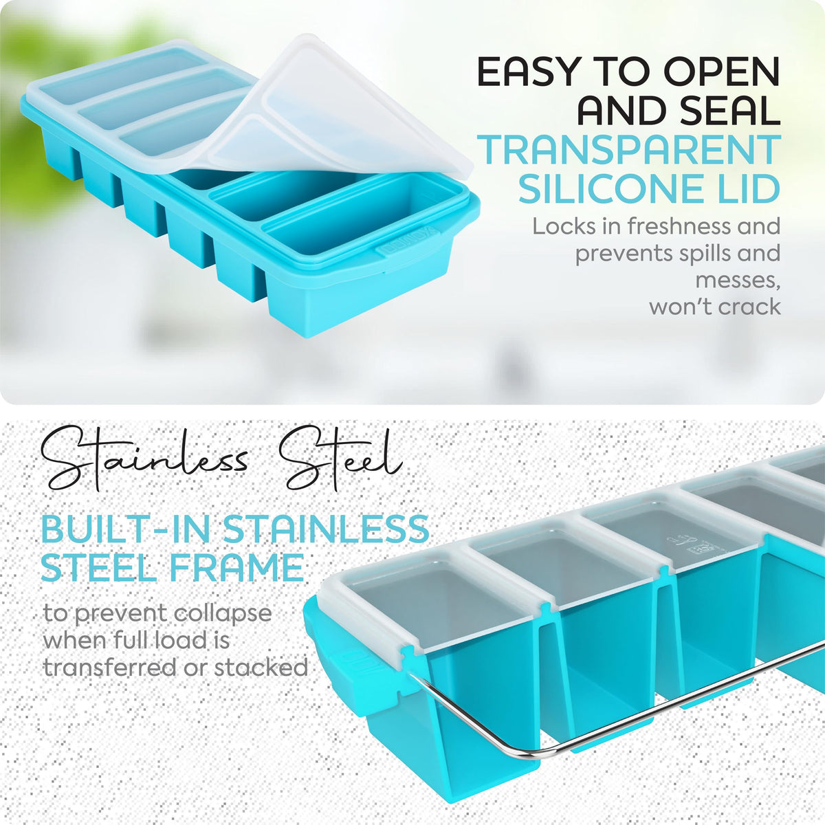 Xomoo freezer tray with measurement lines for easy portion filling.