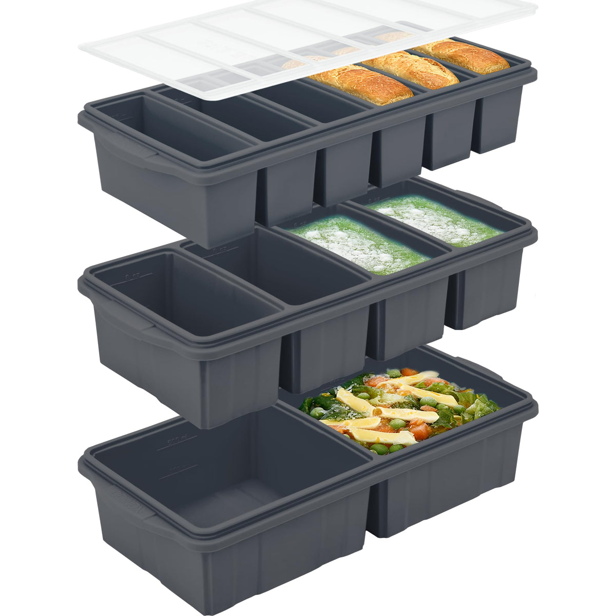 Xomoo silicone freezer tray with lid showing 2-cup portions for easy meal prep