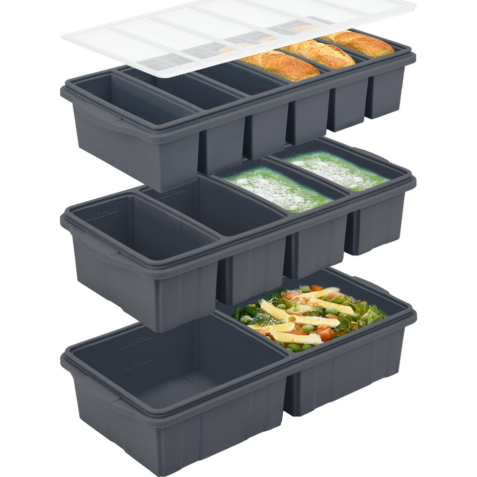 Xomoo silicone freezer tray with lid showing 2-cup portions for easy meal prep