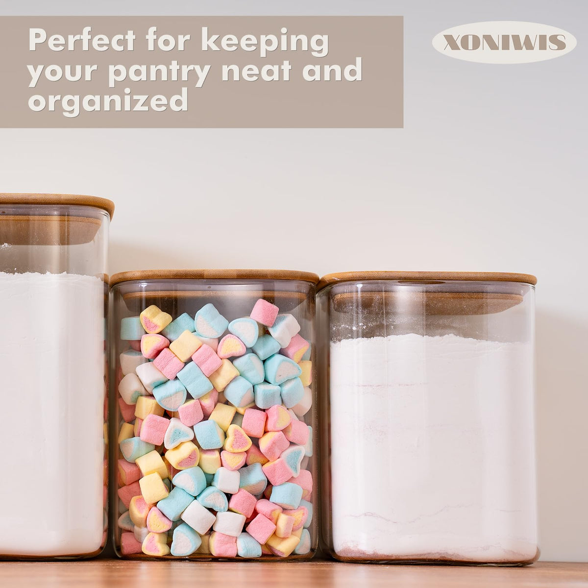 Xoniwis airtight lid on square jar keeps contents visible and fresh.