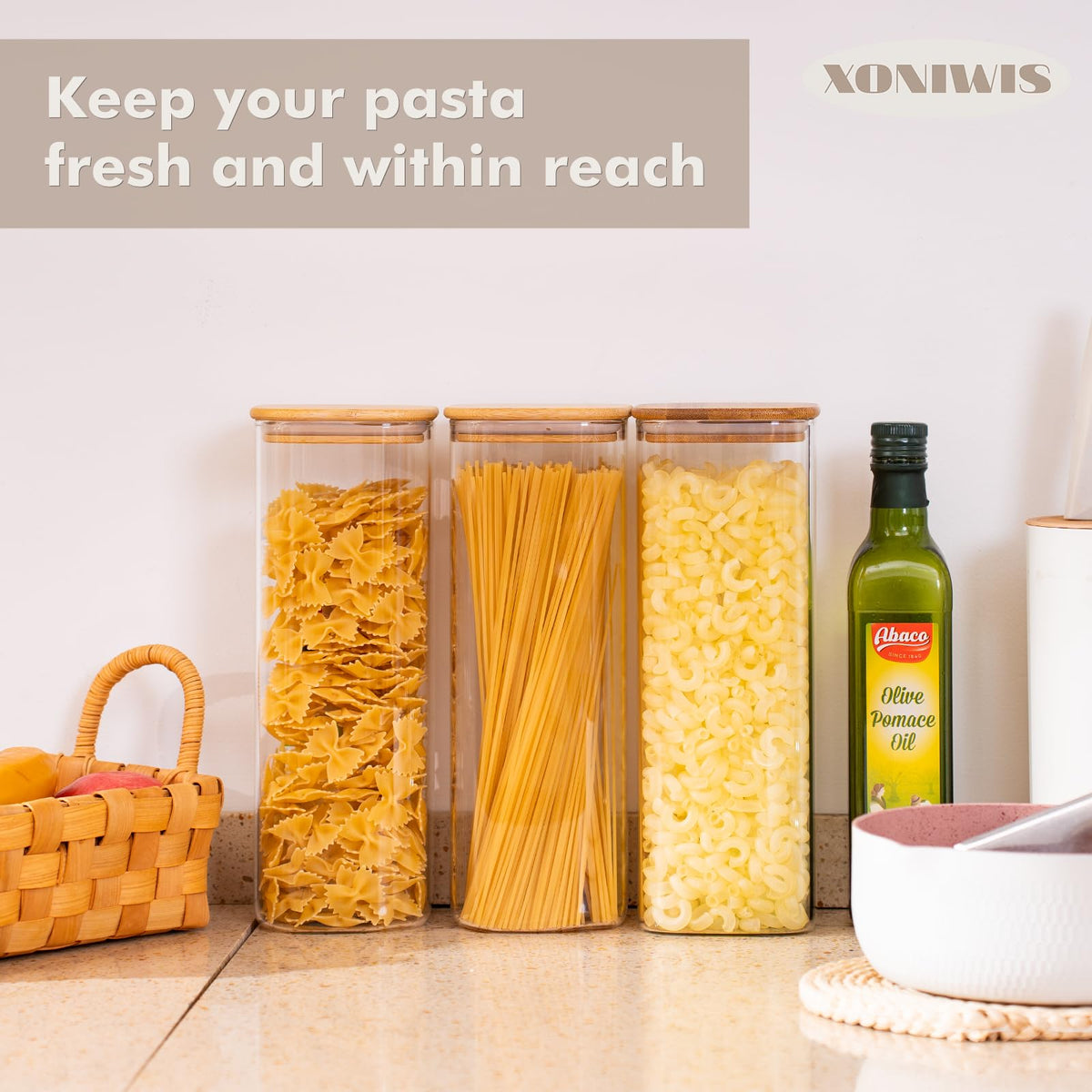 Xoniwis pasta storage wooden lid seals freshness for bulk pasta