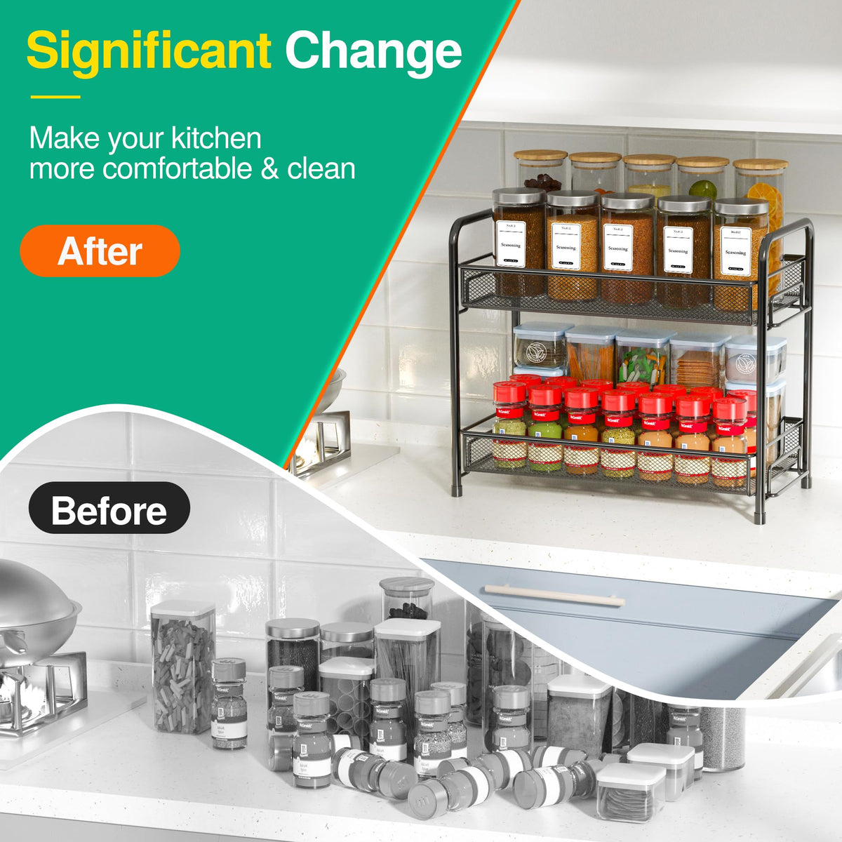Xpatee large-capacity shelf neatly holds more jars and reduces clutter.
