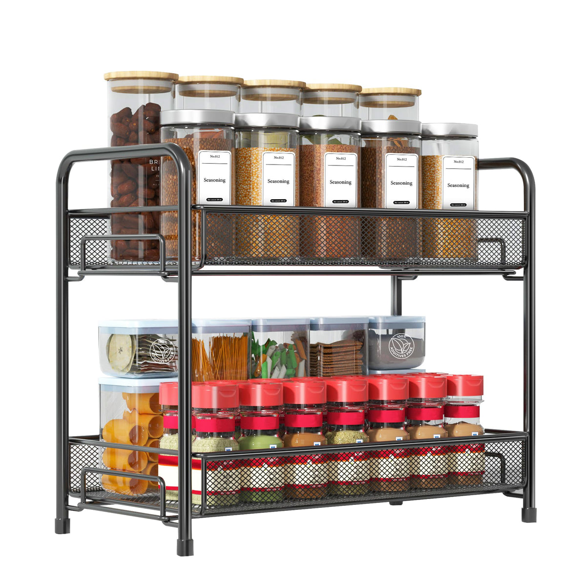 Xpatee 2-tier spice rack on countertop for jars and bottles.