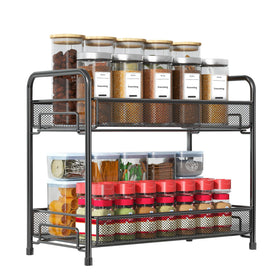 Xpatee 2-tier spice rack on countertop for jars and bottles.