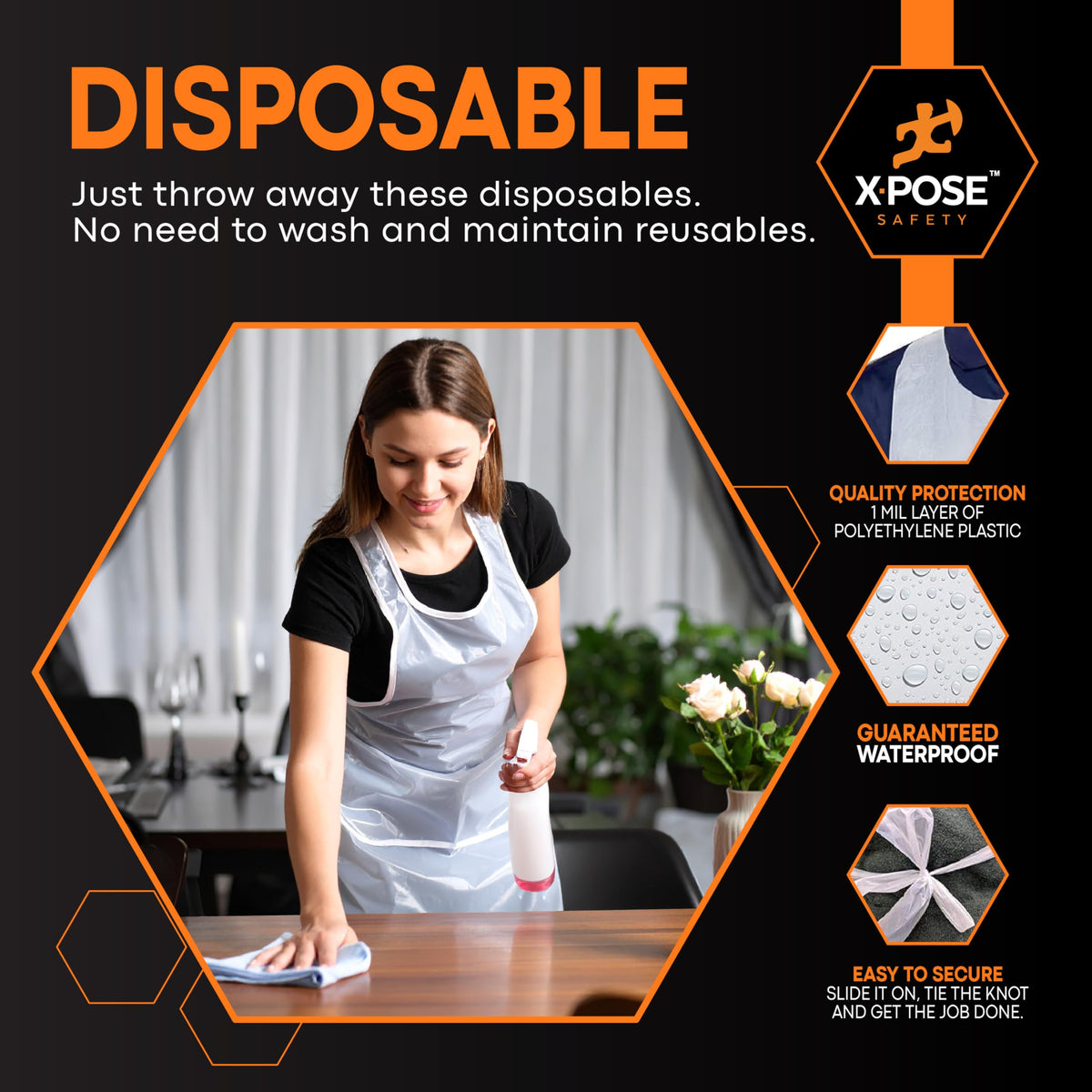 Xpose Safety 300 white disposable apron flat lay showing slim, lightweight design for everyday chores.