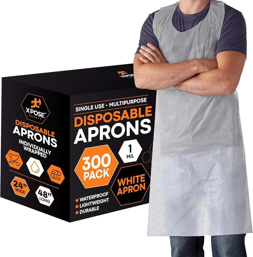 Xpose Safety 300 white disposable apron front view with durable 1 mil polyethylene for mess protection.