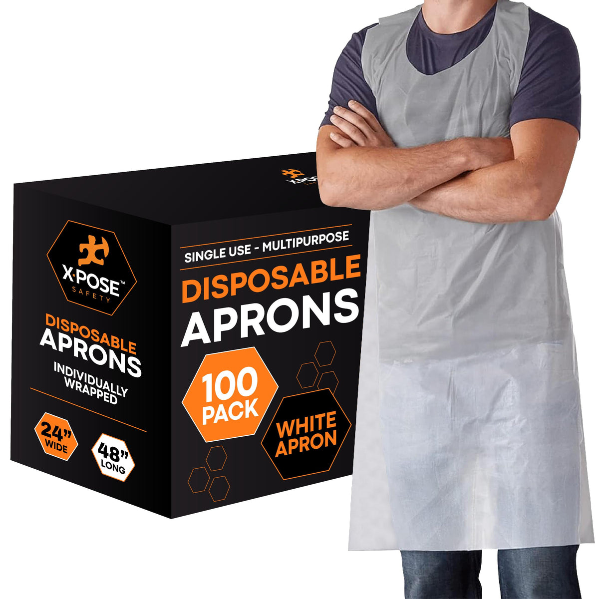 Xpose Safety disposable apron packaging for quick grab-and-go use.