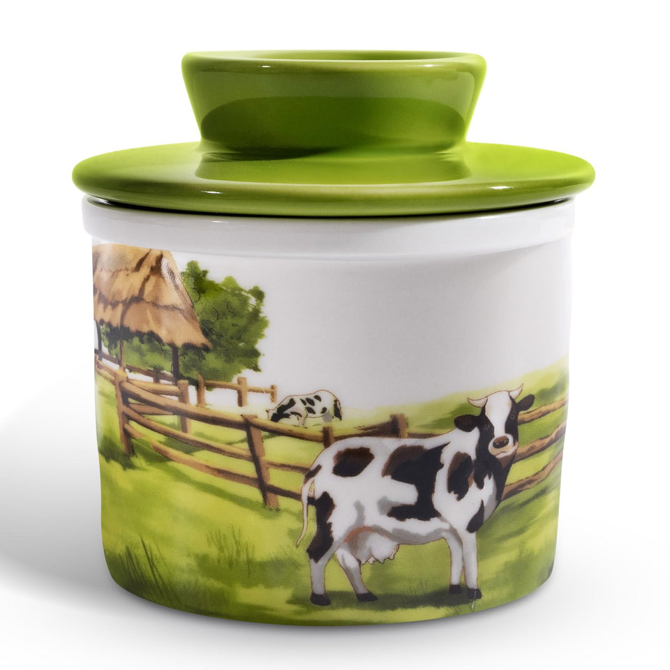 XRBEOU ceramic butter crock with lid keeps spreadable butter fresh at room temperature.