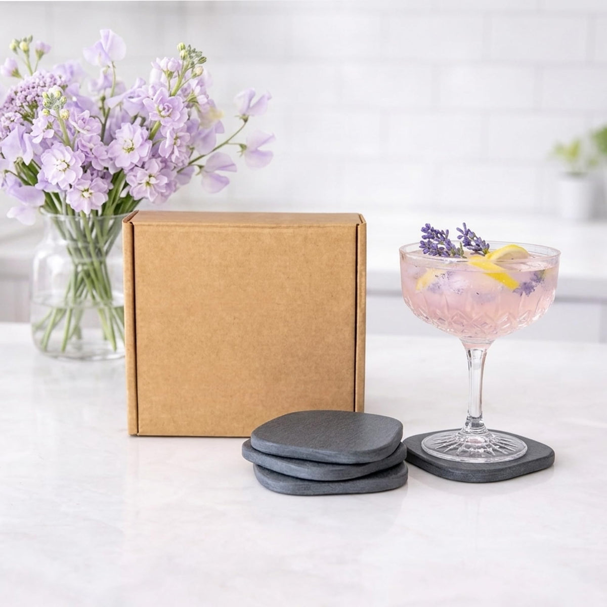 XRzitky coasters on a dining table creating a tidy ambiance.