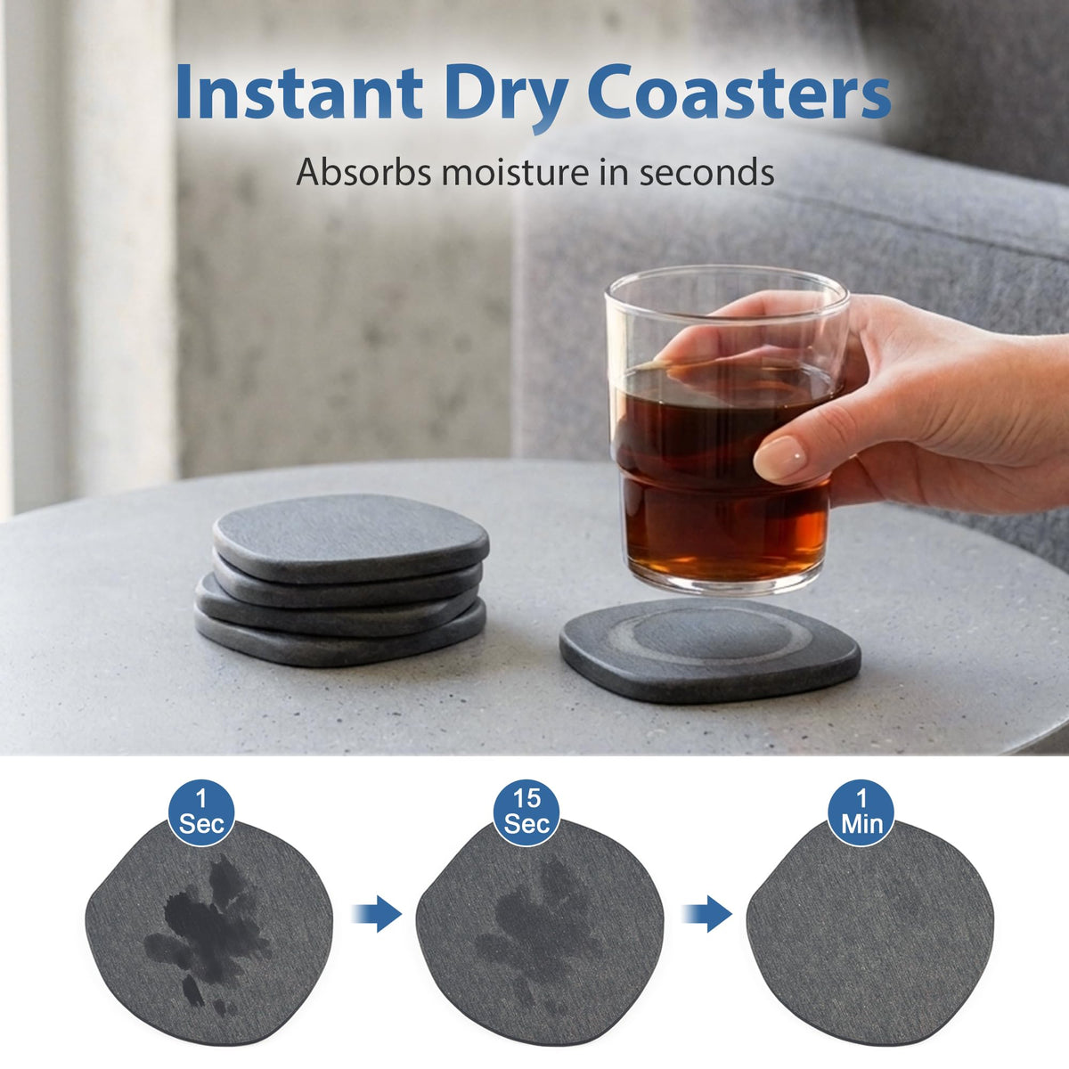 XRzitky coasters stacked beside a modern table for a minimalist look.