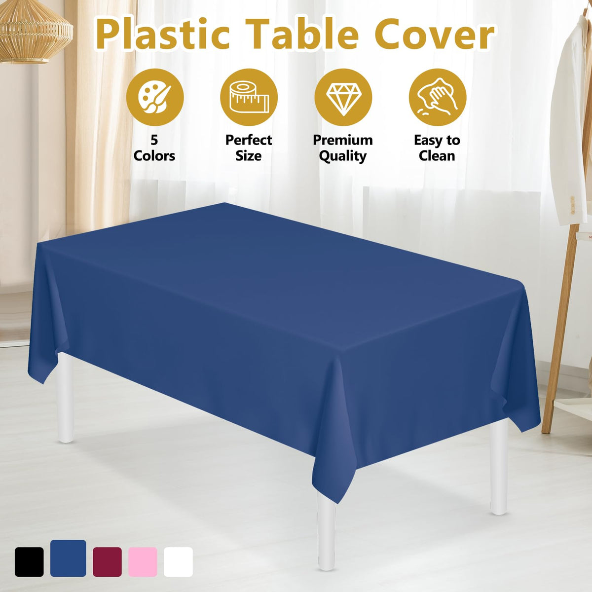 XSEINO navy blue tablecloth on a table provides full coverage for large tables