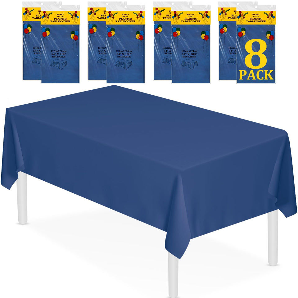 XSEINO 8-pack navy blue tablecloth packaging for easy storage and setup