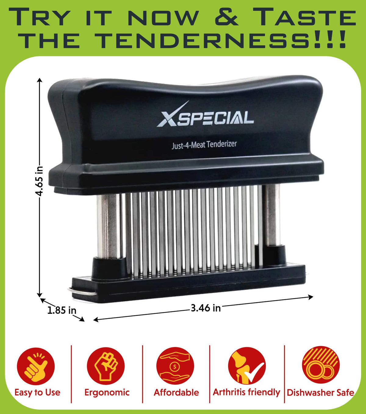 XSpecial tenderizer in use on steak improves marinade absorption.