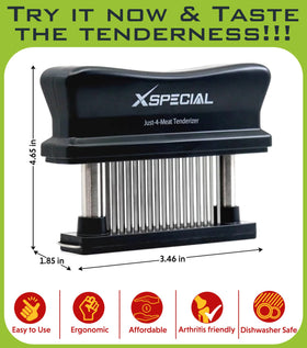 XSpecial tenderizer in use on steak improves marinade absorption.