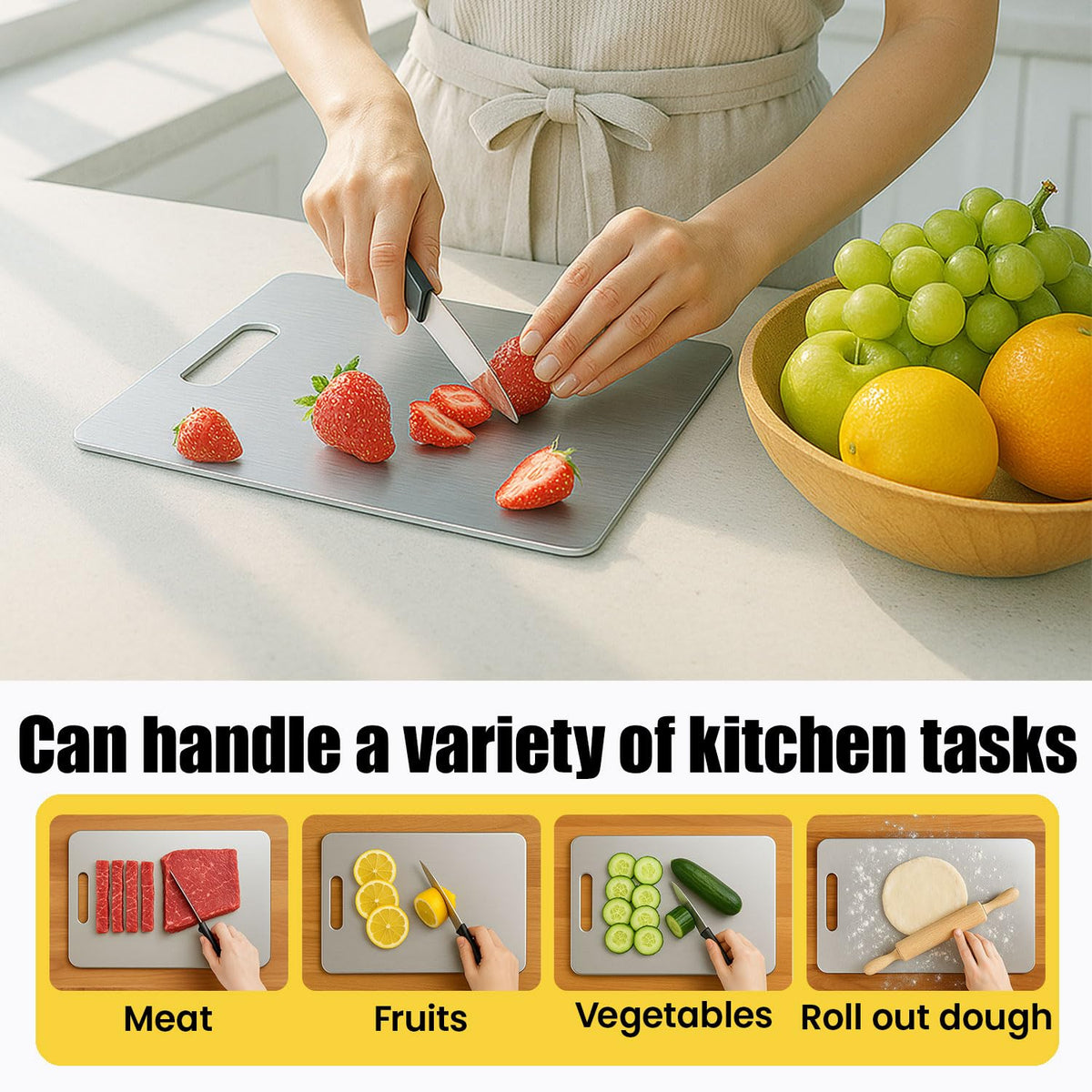 XTBSE titanium cutting board, double-sided design for meat and produce tasks.