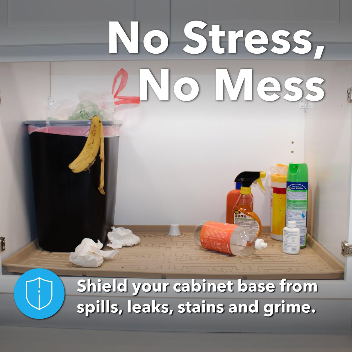 XTreme Mats leak protection for kitchen and laundry cabinets.