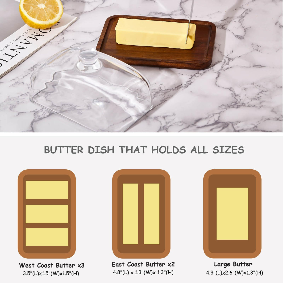 XTTAP butter dish on Acacia wood base for durable kitchen elegance.