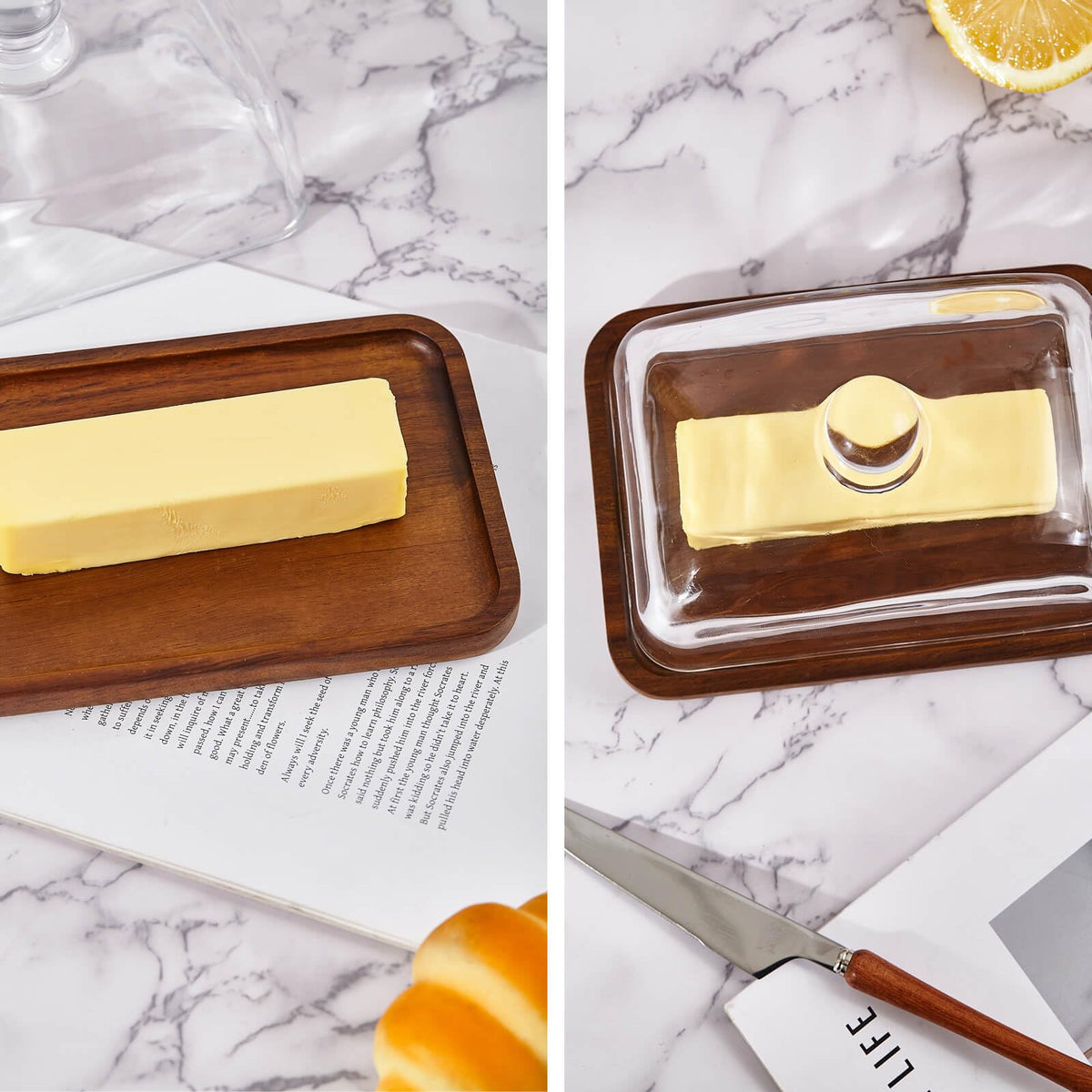 XTTAP butter dish with dishwasher-safe lid and wipe-clean wood surface.