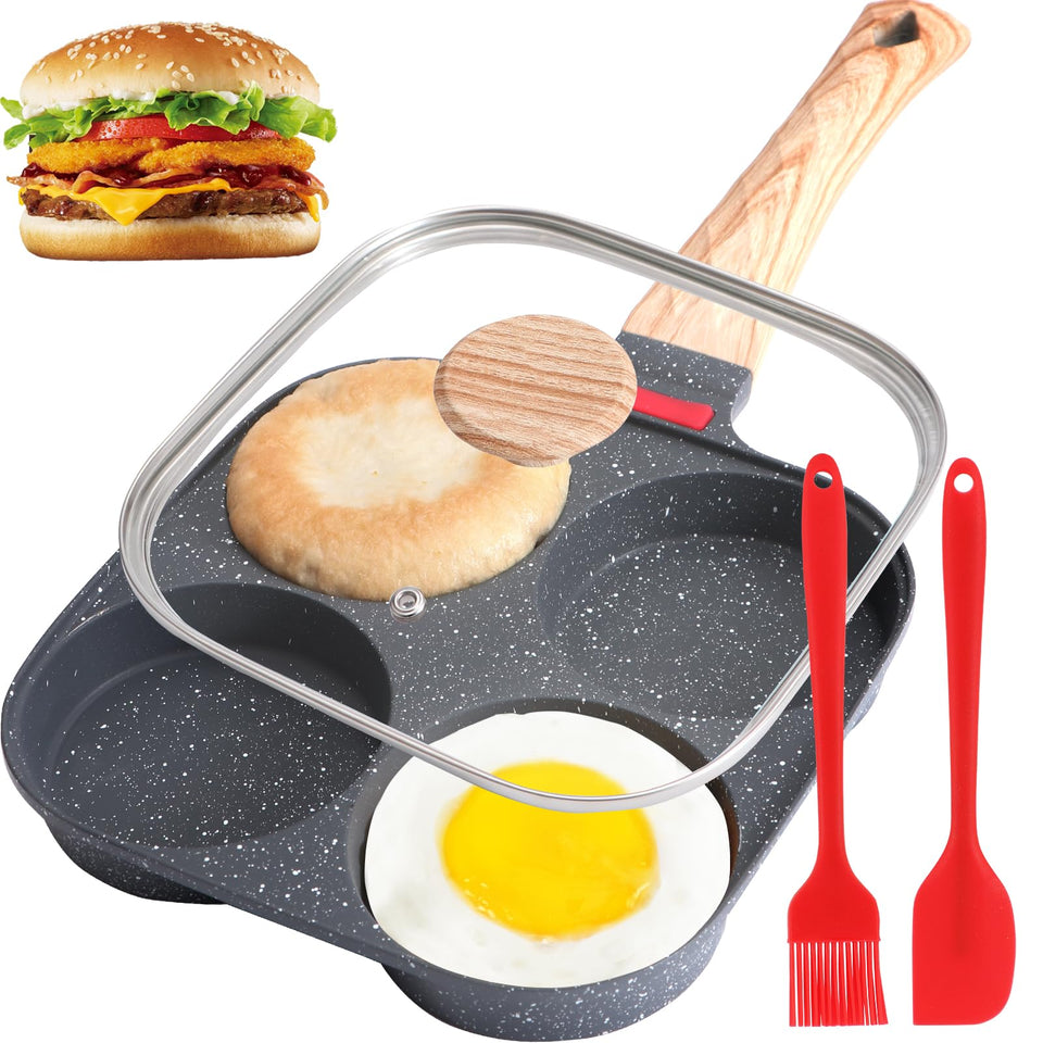 Xtujcya 4-Cup Egg Pan demonstrated for a fluffy omelette and quick breakfast.