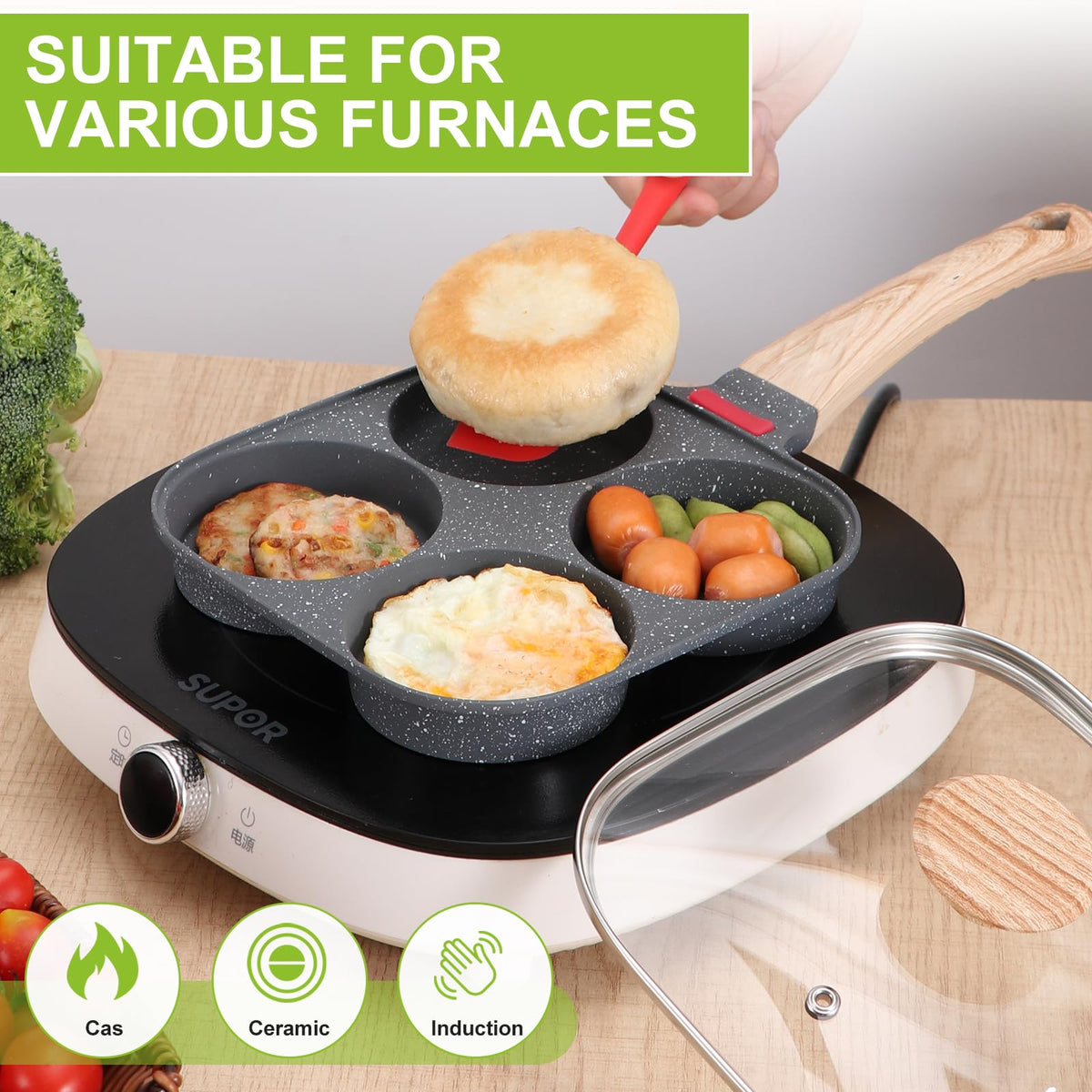 Xtujcya 4-Cup egg pan color-change silicone strip guiding cooking steps.