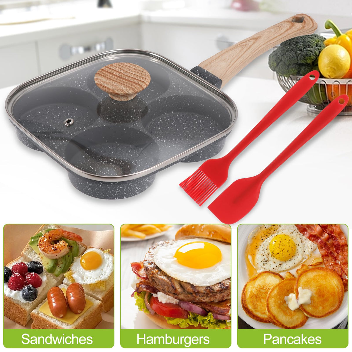 Xtujcya egg pan compatible with gas, induction, electric, and ceramic stoves.