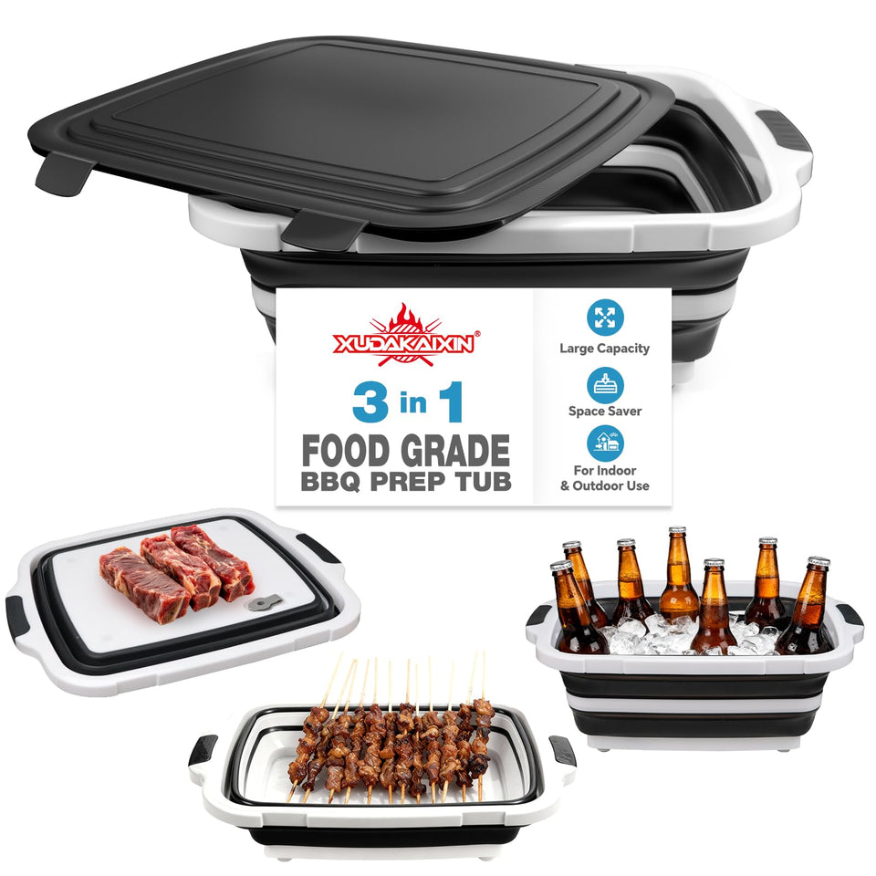 XUDAKAIXIN Collapsible BBQ Prep Tub with multi-function setup for meal prep.