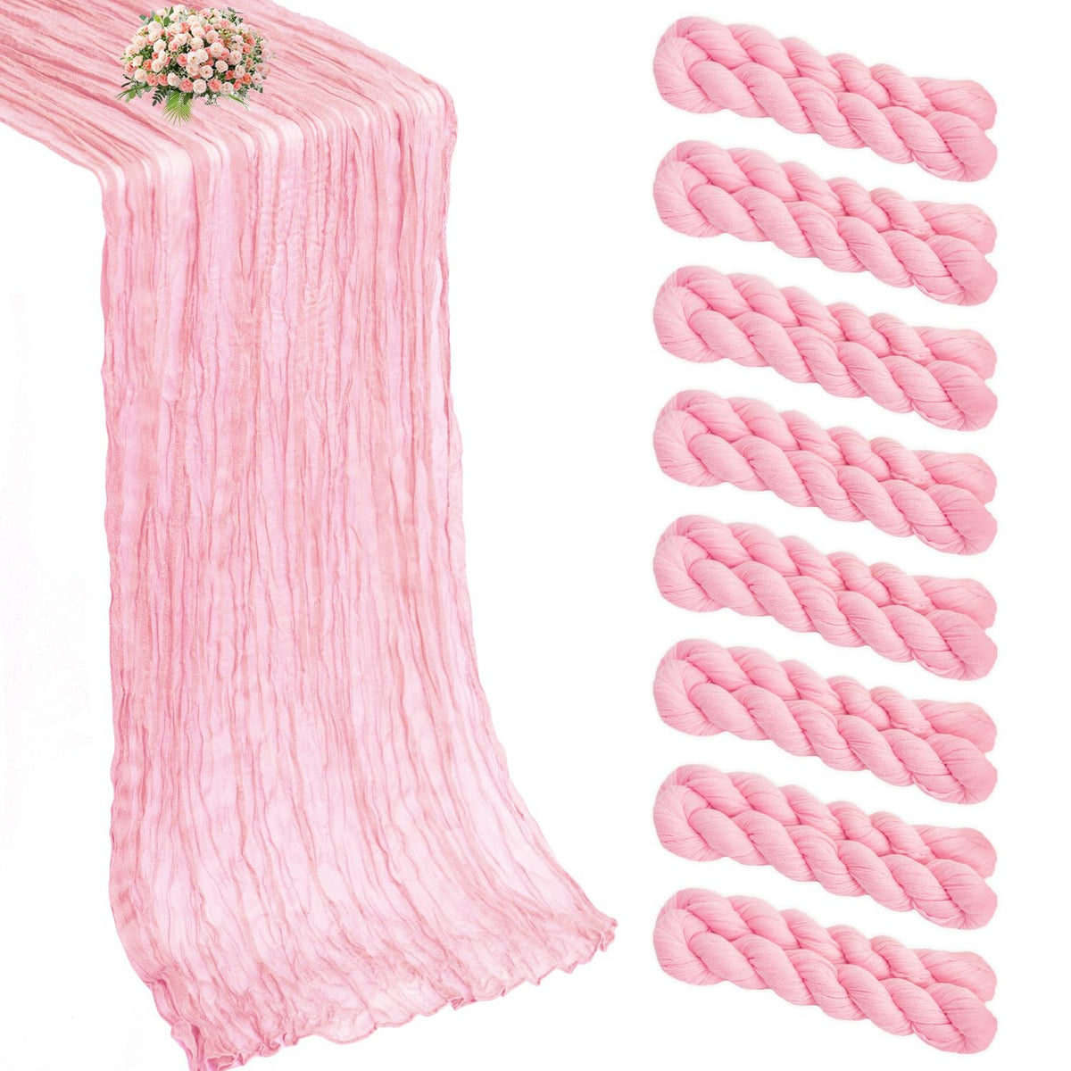 Xuehua pink cheesecloth table runner draped on a table for elegant dining ambiance