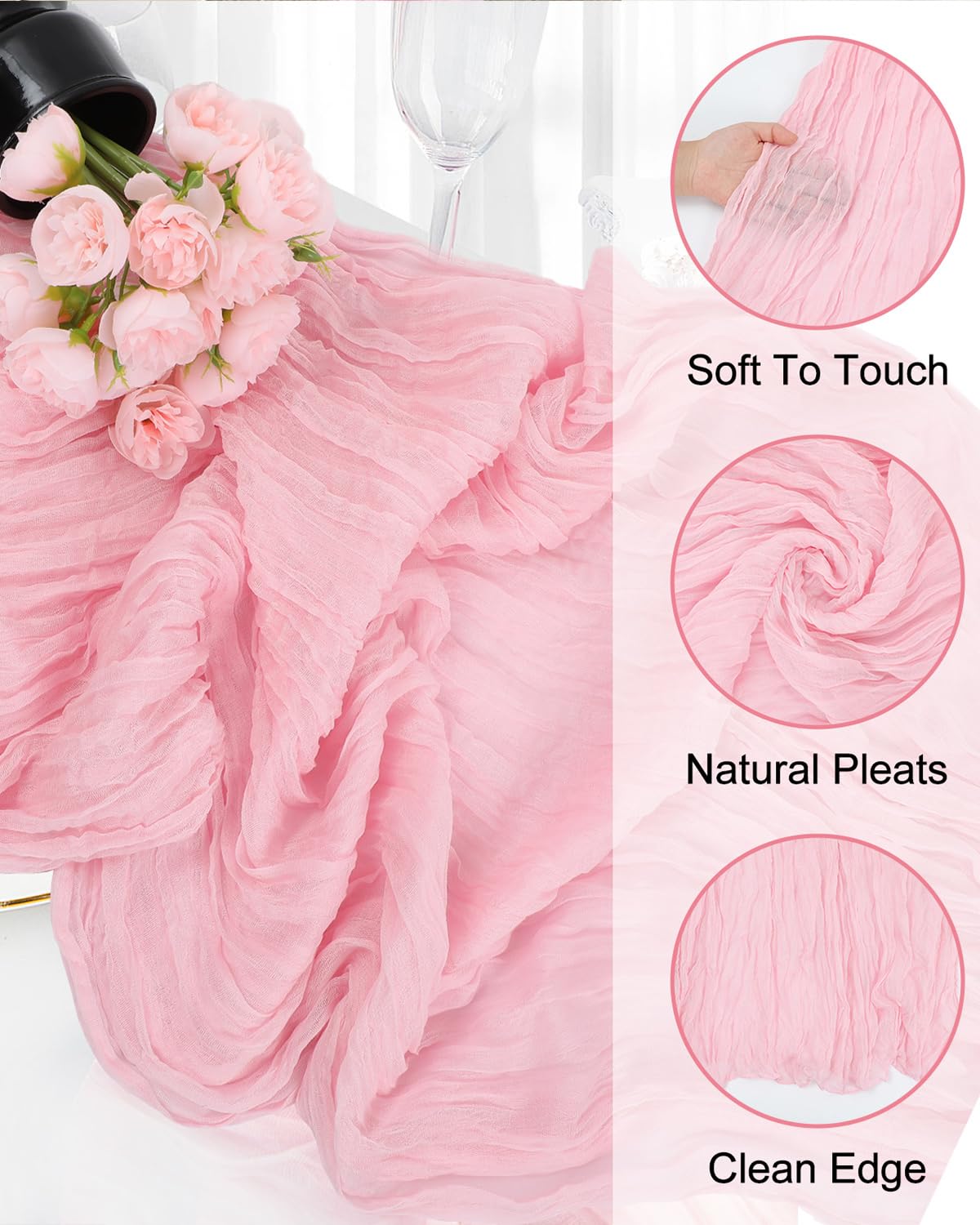 Xuehua pink cheesecloth runner used as wedding arch decor backdrop