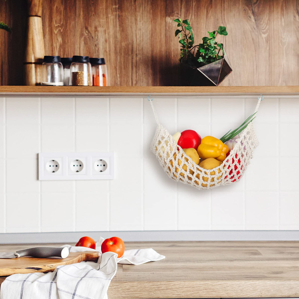 Xuhal rustic kitchen decor with fruit hammock complements any counter