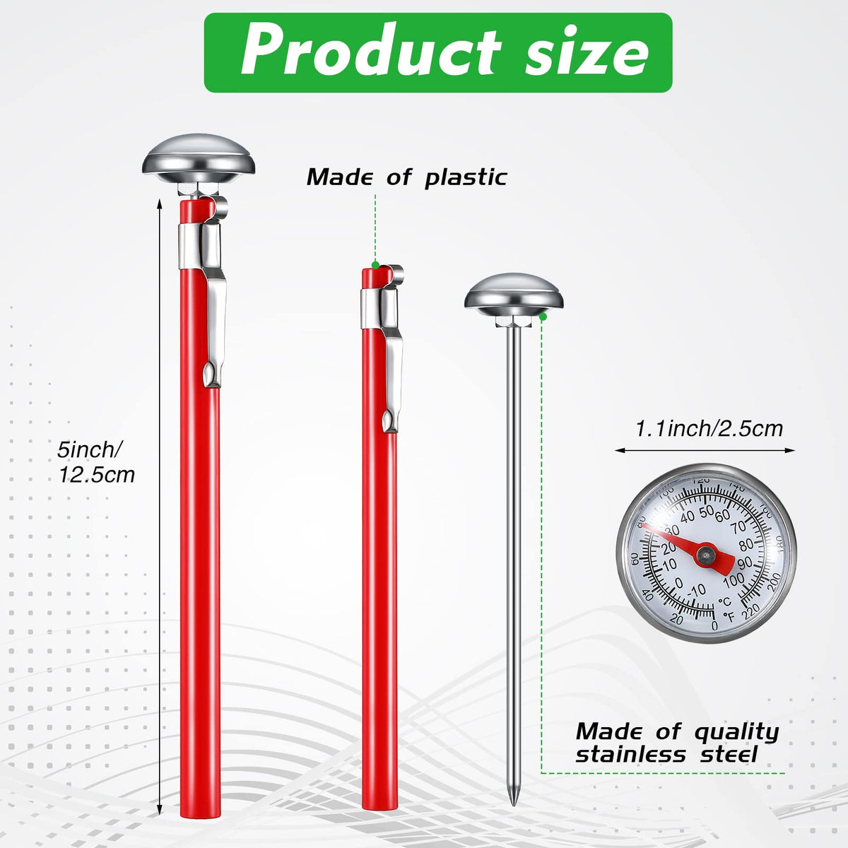 Xuhal thermometer with a 1 inch dial and red sleeve for quick readings