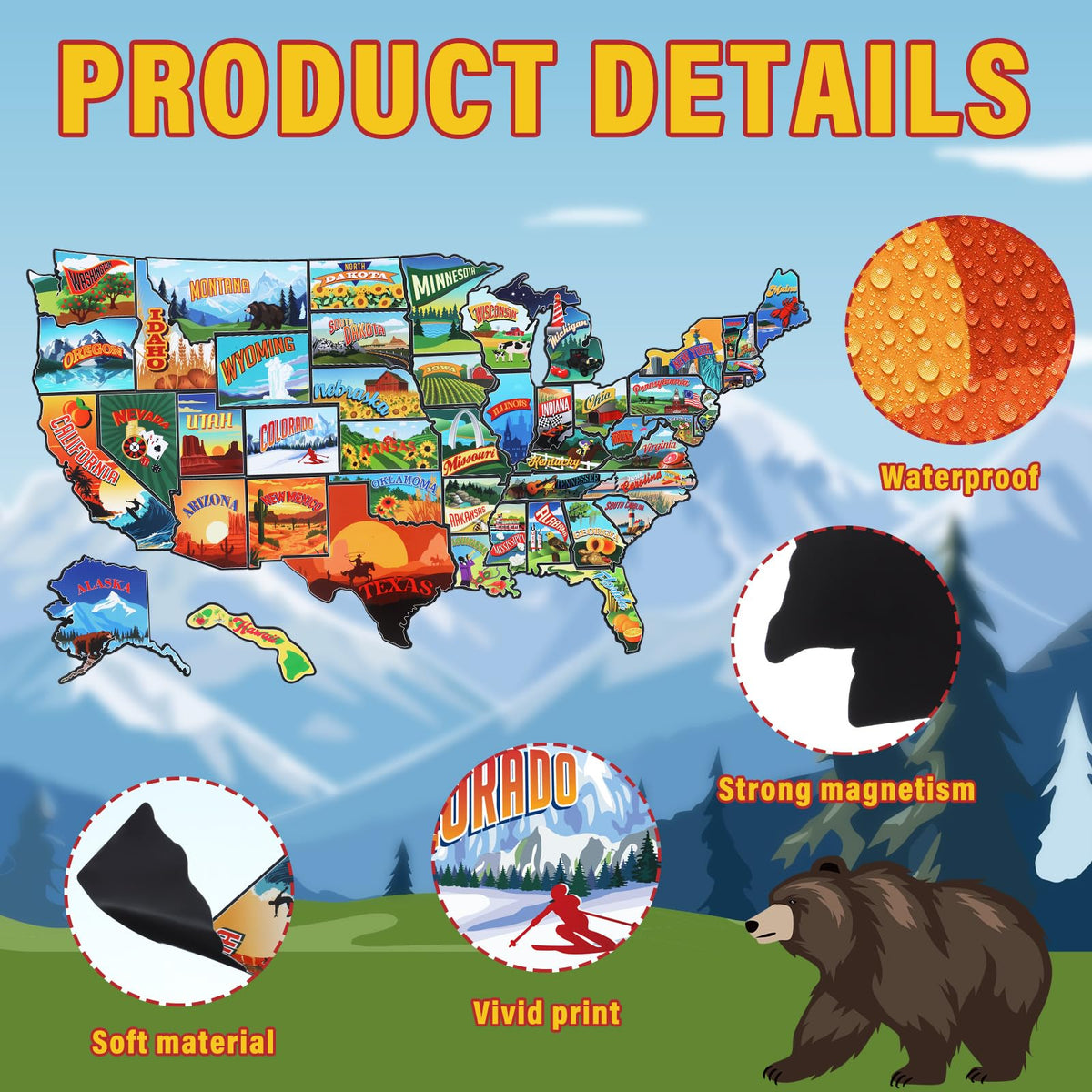 Xuhal USA map magnets varied sizes to fit different fridge spaces