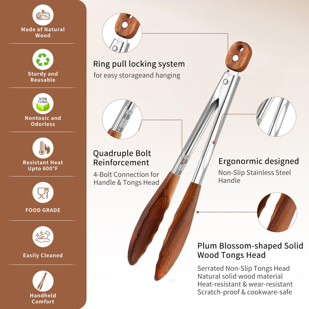 XUJKK wooden tongs with non-scratch tips to protect nonstick cookware