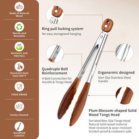 XUJKK wooden tongs with non-scratch tips to protect nonstick cookware