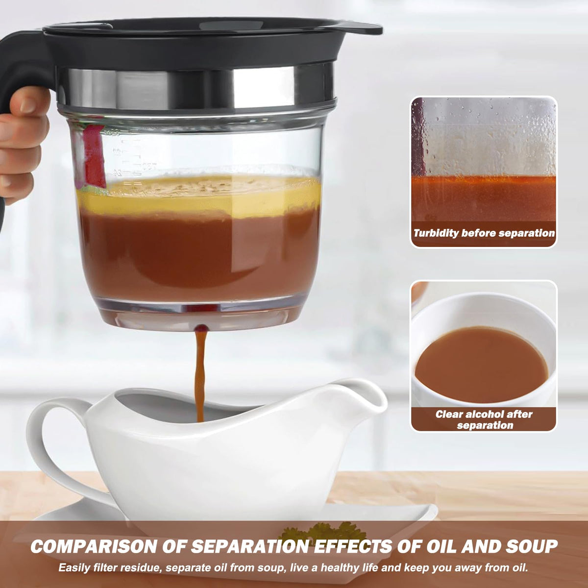 Xulingqingqu fat separator with filter lid traps solids for smoother stock.