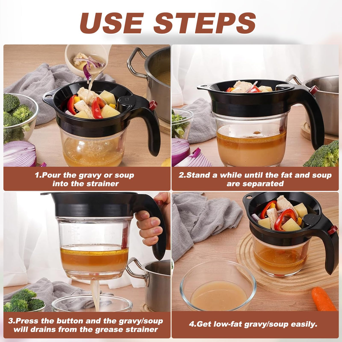 Xulingqingqu fat separator non-slip handle supports steady pouring.