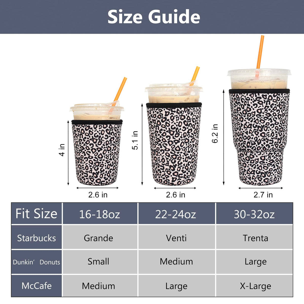 Xumbtvs leopard print medium sleeve fits 22-24 oz cups for mess-free reuse.