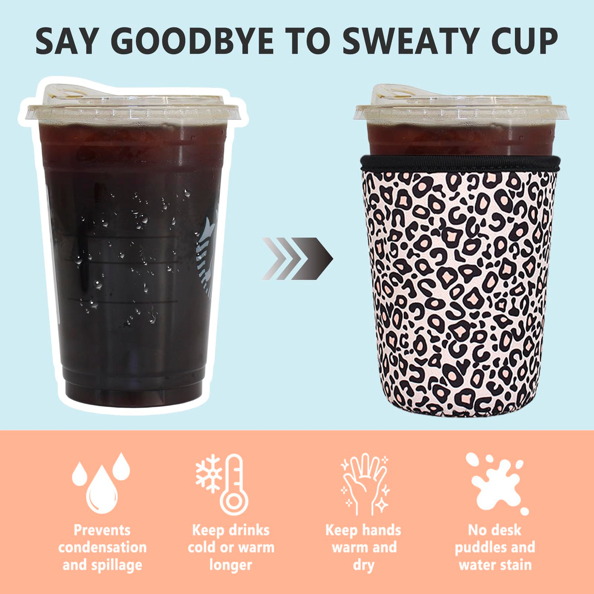 Xumbtvs leopard print sleeve on cup demonstrates slip-resistant grip and condensation control.