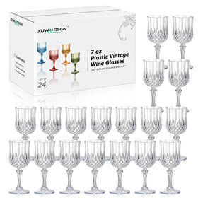 XUWAIDSGN 24pc 7oz vintage plastic wine glasses on table, durable entertaining solution.