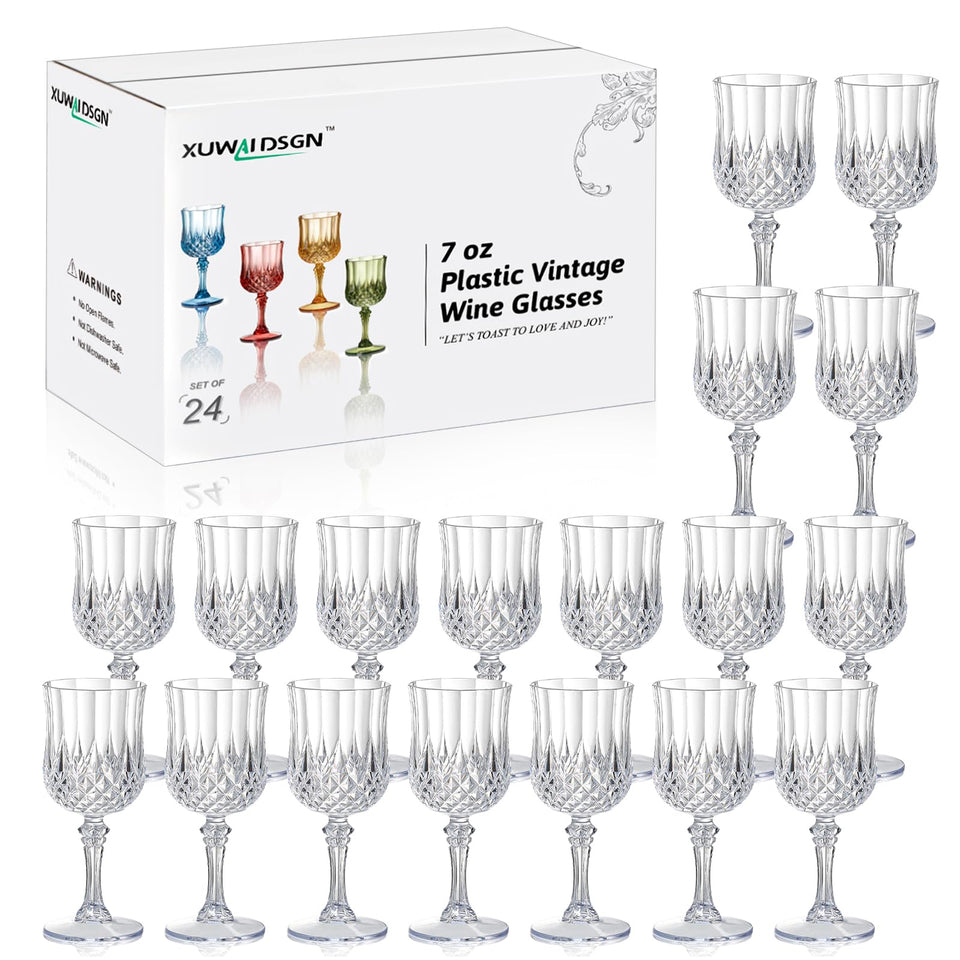 XUWAIDSGN 24pc 7oz vintage plastic wine glasses on table, durable entertaining solution.
