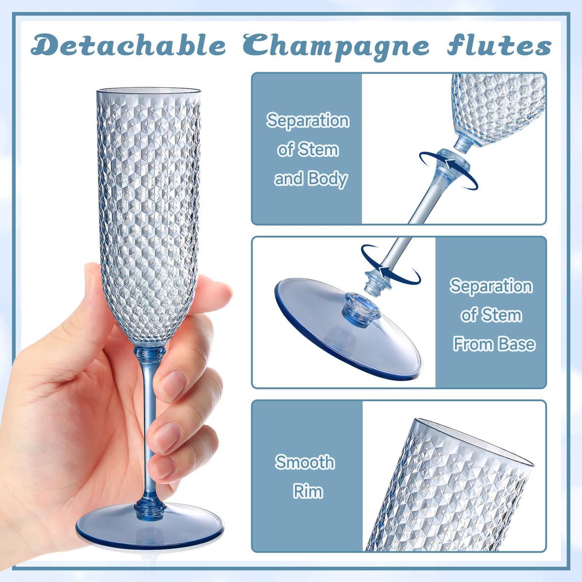XUWAIDSGN unbreakable-plastic champagne glasses; blue design for safe entertaining
