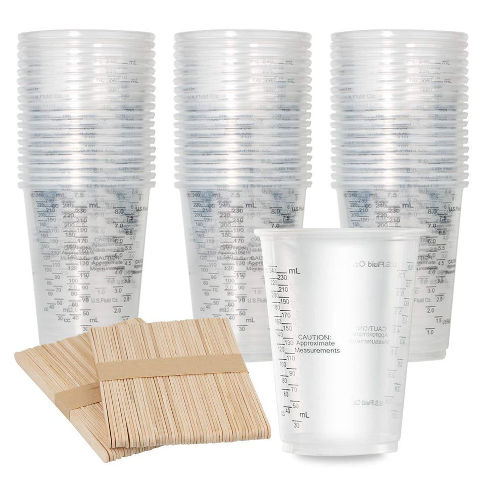 XUXU 8oz clear measuring cups with easy-to-read marks for precise mixing.